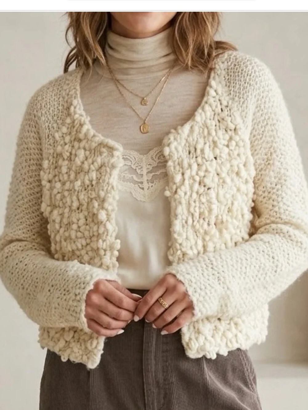 Anthropologie Sleeping ON Snow Women’s Cream Bouclé Textured Cropped Sweater MED